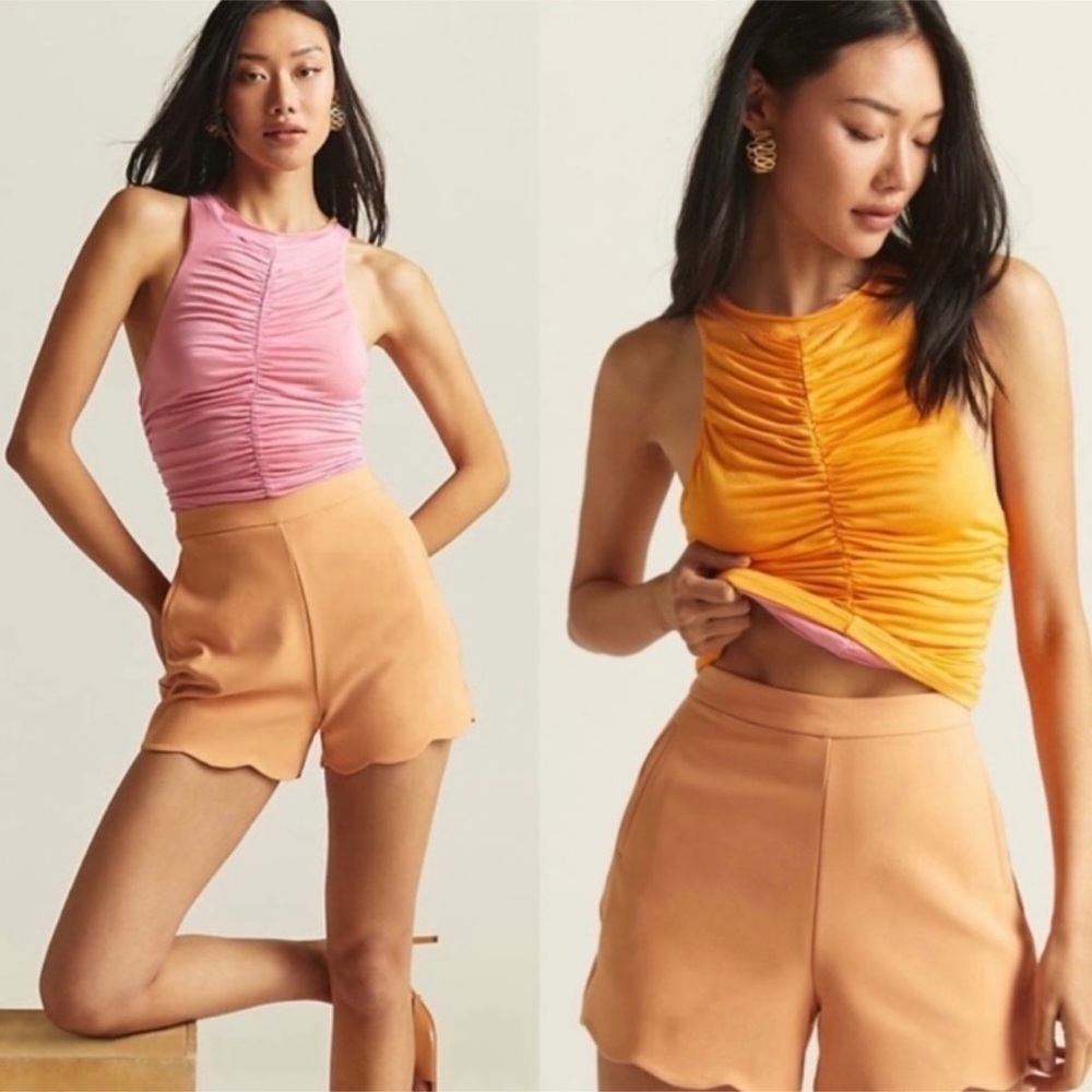 Pilcro Anthropologie reversible vibrant pink orange ruched top size xs